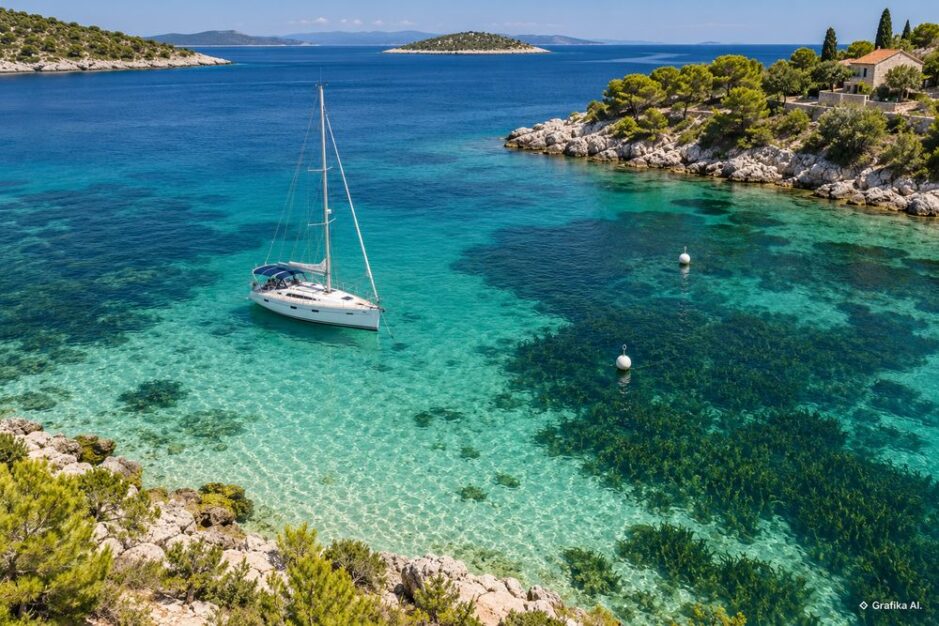 Jacht w chorwackiej zatoce, jasne piaszczyste dno i ciemne łąki Posidonia