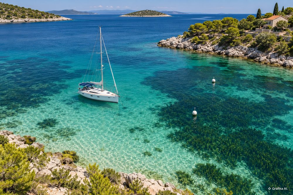 Jacht w chorwackiej zatoce, jasne piaszczyste dno i ciemne łąki Posidonia