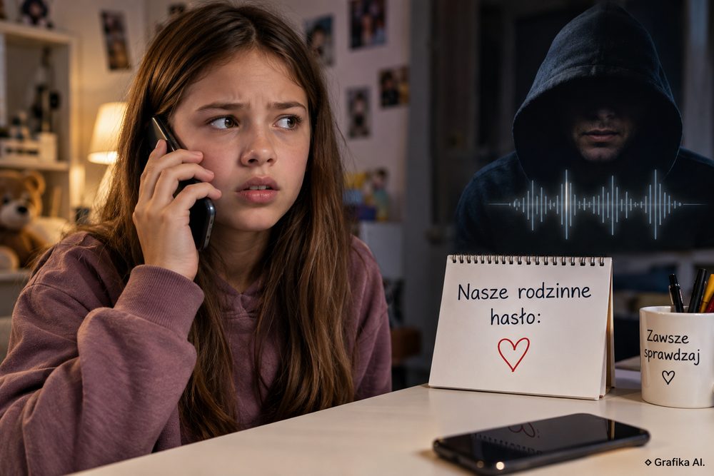 Dziecko sprawdza rozmowę telefoniczną za pomocą rodzinnego hasła