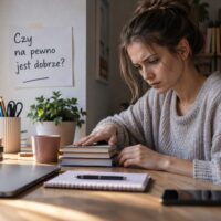Kobieta wielokrotnie poprawiająca ułożenie książek – ilustracja poczucia niekompletności w OCD