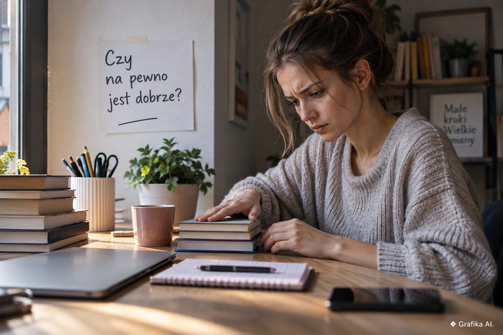 Kobieta wielokrotnie poprawiająca ułożenie książek – ilustracja poczucia niekompletności w OCD