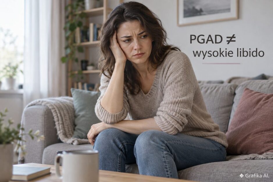 Zaniepokojona kobieta na kanapie – ilustracja PGAD jako dolegliwości niezależnej od libido