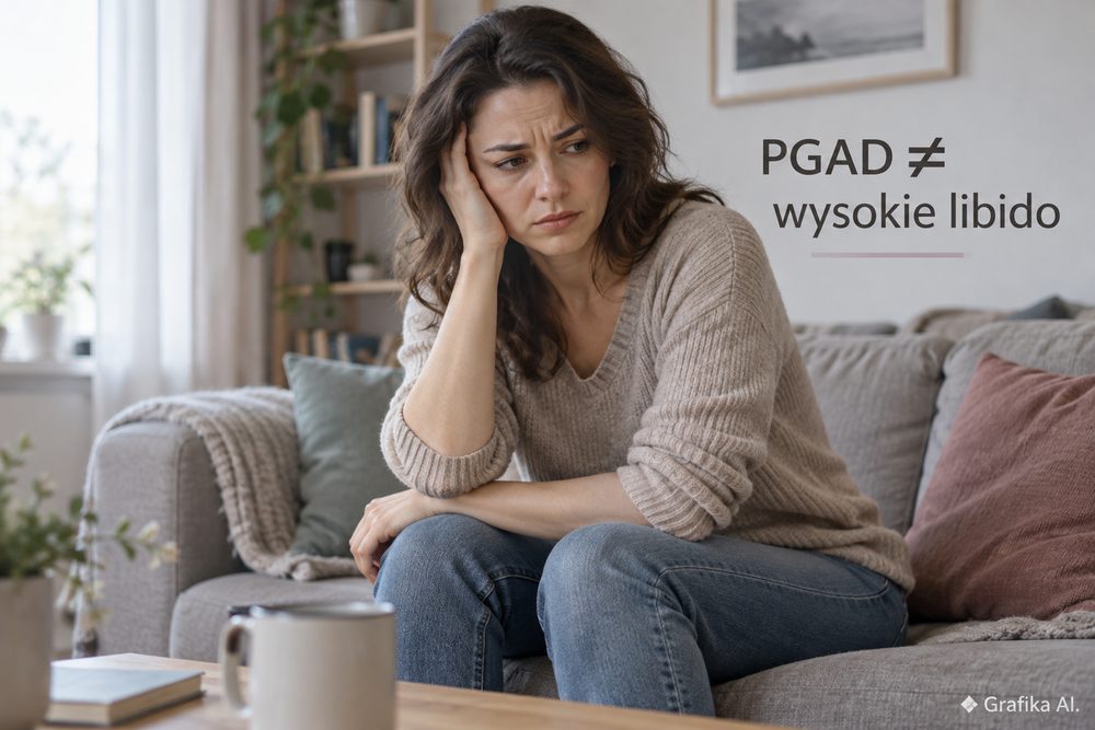 Zaniepokojona kobieta na kanapie – ilustracja PGAD jako dolegliwości niezależnej od libido