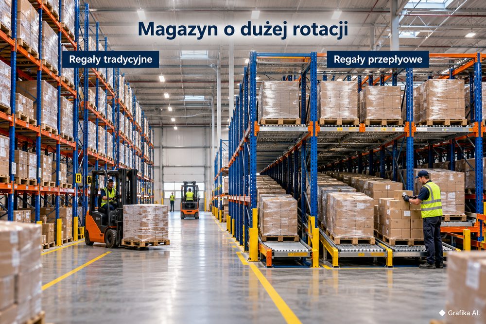 Regały paletowe tradycyjne i przepływowe w magazynie o dużej rotacji